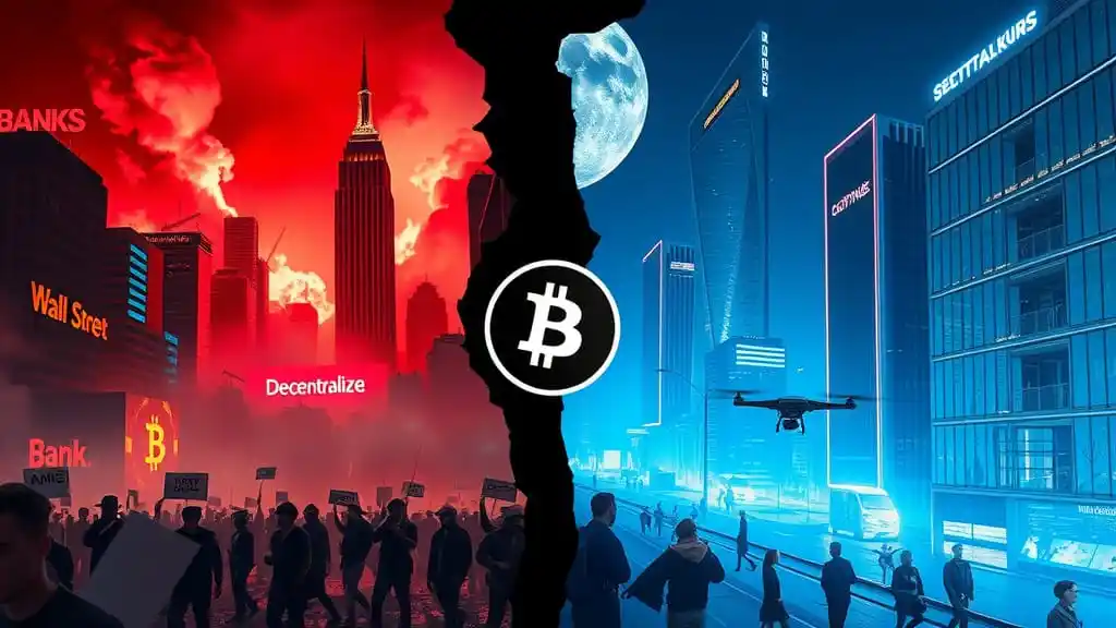 Pluto in Capricorn generation, depicted by a split image: crumbling and burning banks and institutions on the left side. Rebirth of an advanced digital age on the right side