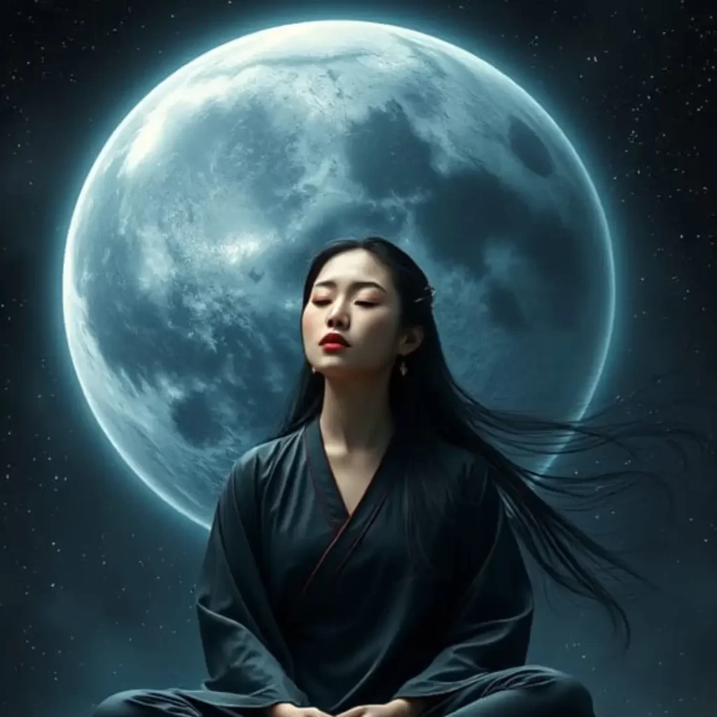 Pluto in the 7th House woman sitting in a meditative position in front on the full moon