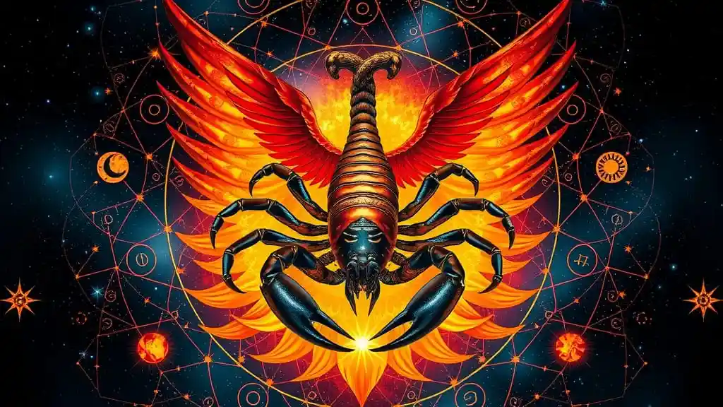 pluto rules scorpio - image of a scorpion with pluto's bident as its tail, phoenix wings and zodiac mandela in background
