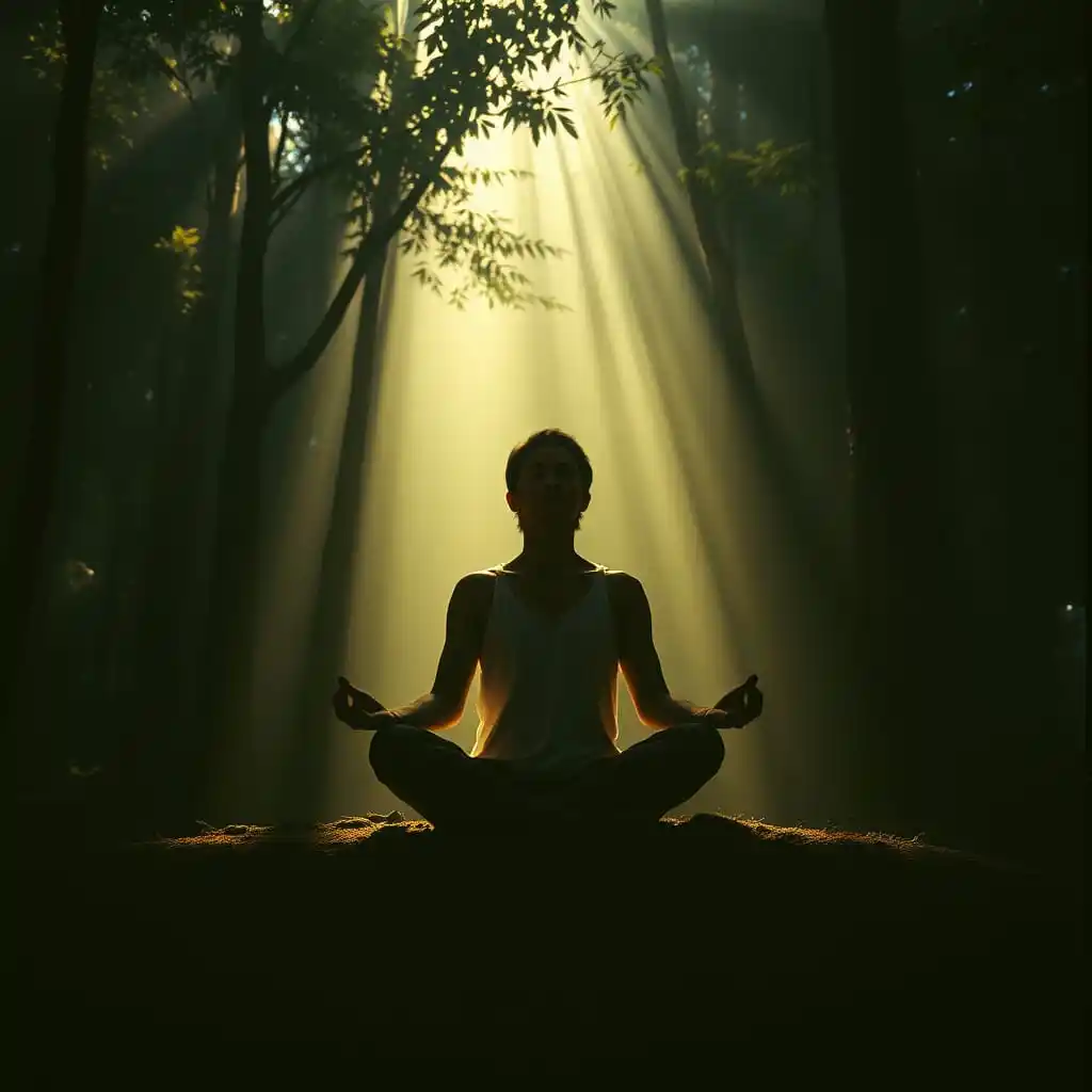 Man in a forest performing transcendence meditation.