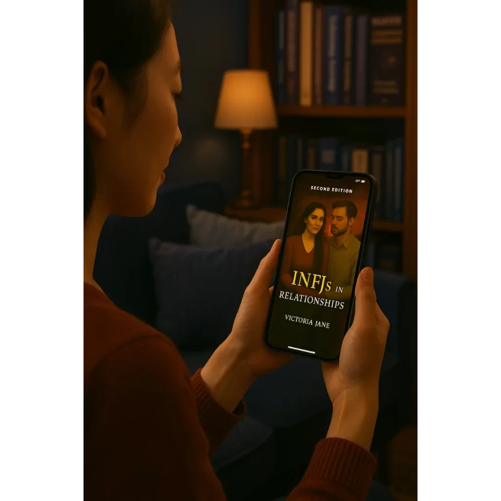 Asian woman reading INFJs in Relationships E-book on her phone.