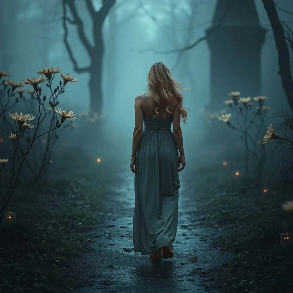 A woman walking through a mysterious scene
