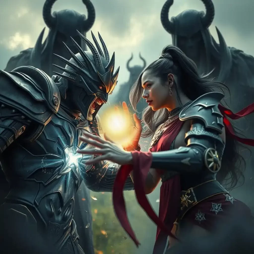 A woman in battle armor confronting fears and shadows