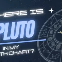 Where is Pluto in my birth chart? Hands holding a baby in front of a birth chart with Pluto Symbol nearby